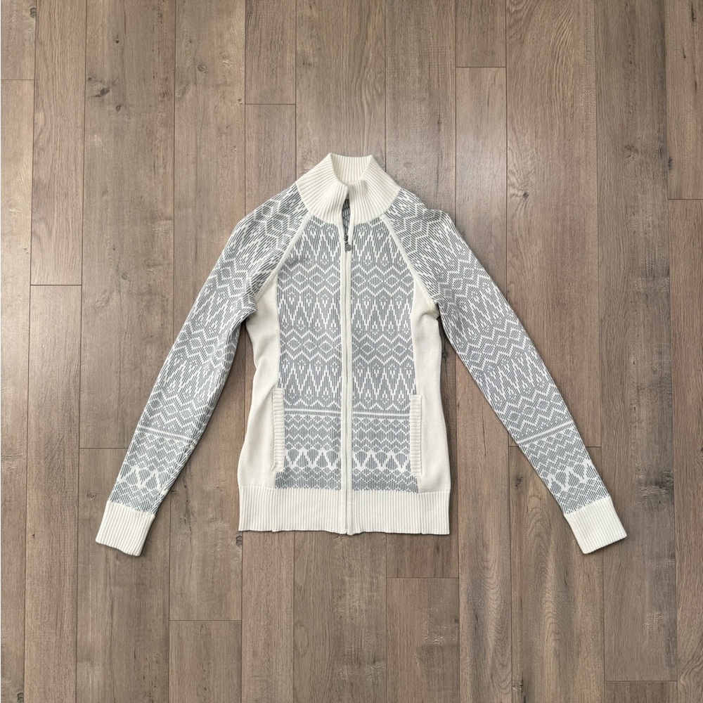 Athleta White And Gray Patterned Zip-Up Sweater - image 1